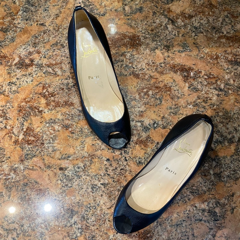 Christian Louboutin Black Leather Peep Toe Wedges